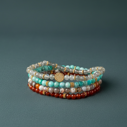 Stacked healing crystal bracelets in multicolored stones arranged neatly on a muted teal surface with soft diffused lighting. — for Carpe Diem Dream