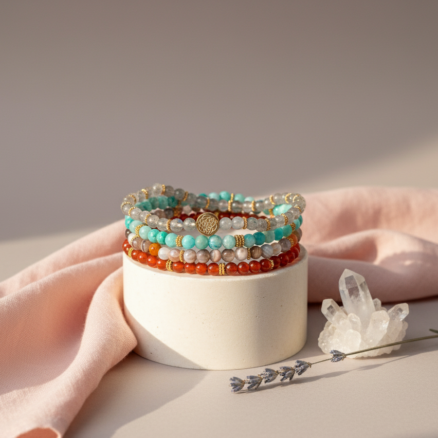 Stacked healing crystal bracelets in multicolored stones arranged neatly on a pedestal with clear quartz and lavender on a soft mauve backdrop with diffused lighting — for Carpe Diem Dream