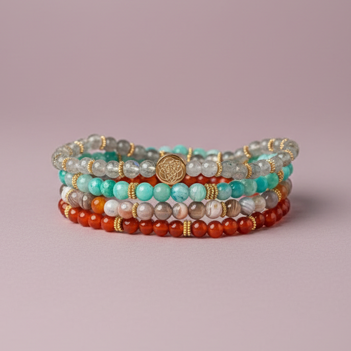 Stacked healing crystal bracelets in multicolored stones arranged neatly on a soft mauve backdrop with diffused lighting. — for Carpe Diem Dream
