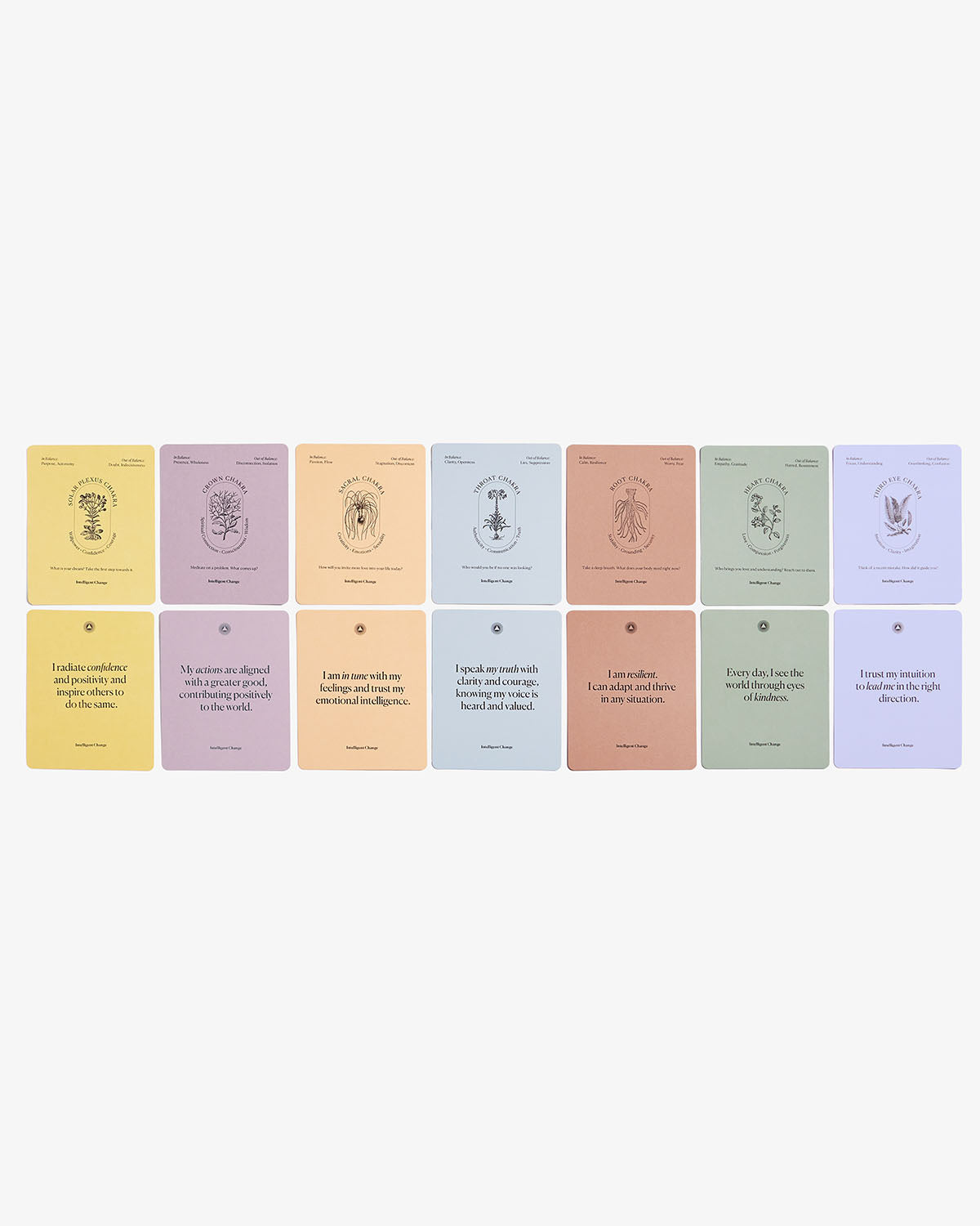 Mindful Affirmations for Chakra Balancing chakra affirmation cards featuring all seven chakra energy centers with coordinating pastel-colored affirmation cards displayed on a clean white background. — for Carpe Diem Dream