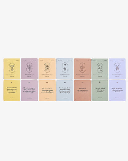 Mindful Affirmations for Chakra Balancing chakra affirmation cards featuring all seven chakra energy centers with coordinating pastel-colored affirmation cards displayed on a clean white background. — for Carpe Diem Dream