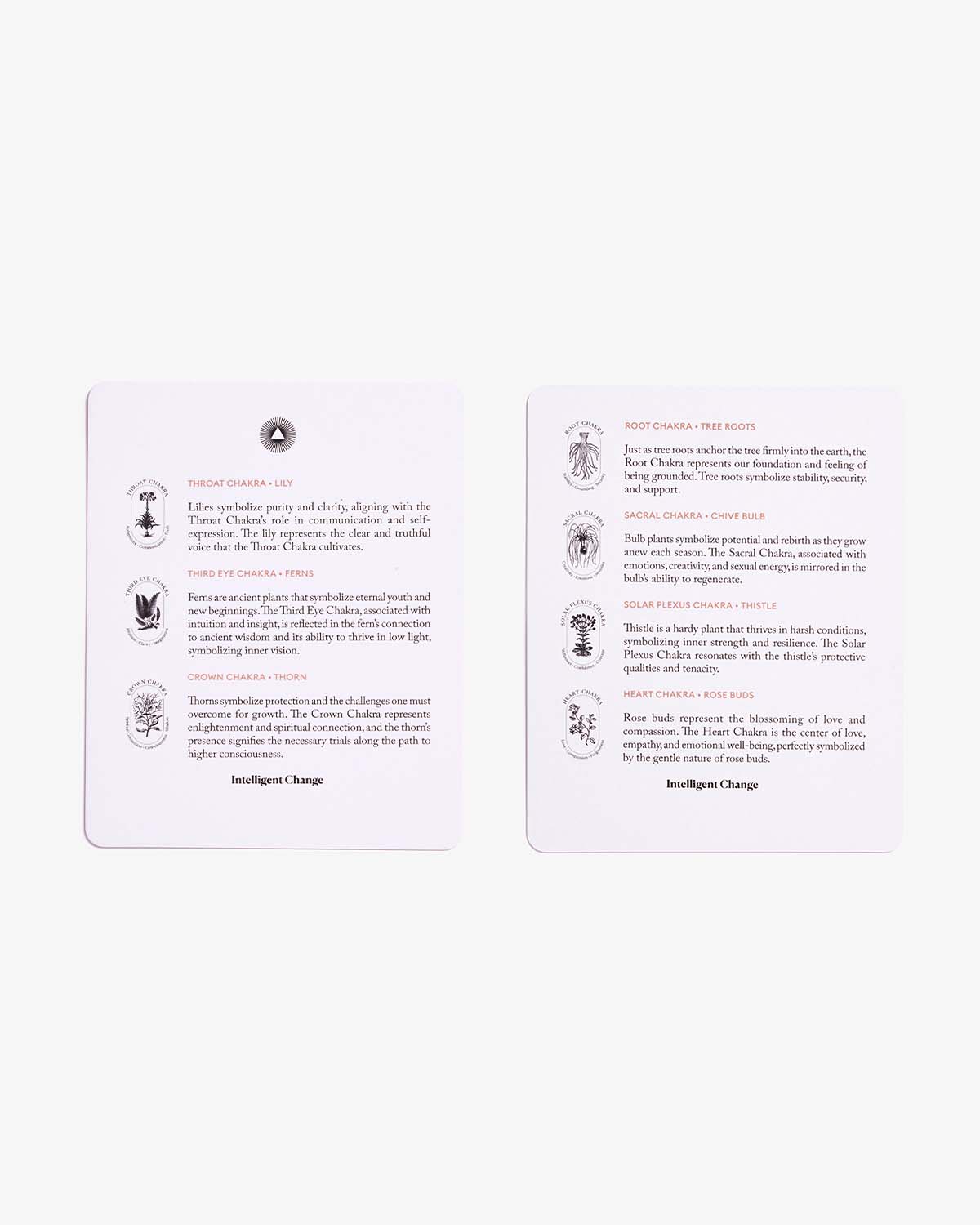 Mindful Affirmations for Chakra Balancing reference cards explaining the seven chakra energy centers and their meanings on a clean white background. — for Carpe Diem Dream