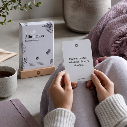 Mindful Affirmations for Chakra Balancing card deck naturally integrated into a quiet self-care moment with an affirmation card held in both hands, soft mauve textiles, tea, and cool diffused daylight in a calm sanctuary setting. — for Carpe Diem Dream