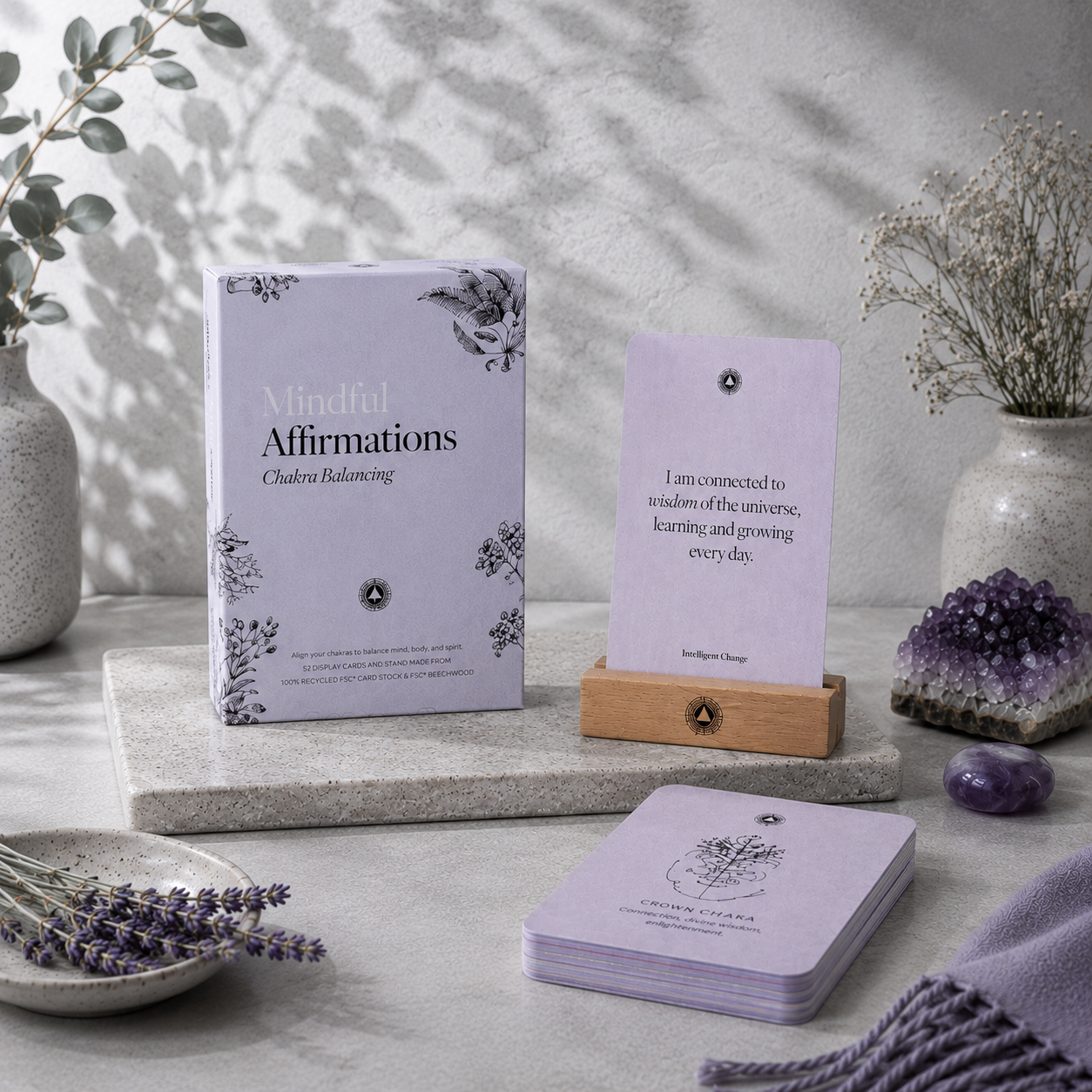 Mindful Affirmations for Chakra Balancing card deck displayed in the Carpe Diem Dream studio botanical setting with the 5 × 6 inch affirmation box, wooden card stand, and affirmation card on a cool greige linen and stone surface with soft botanical shadows, lavender, and amethyst accents. — for Carpe Diem Dream