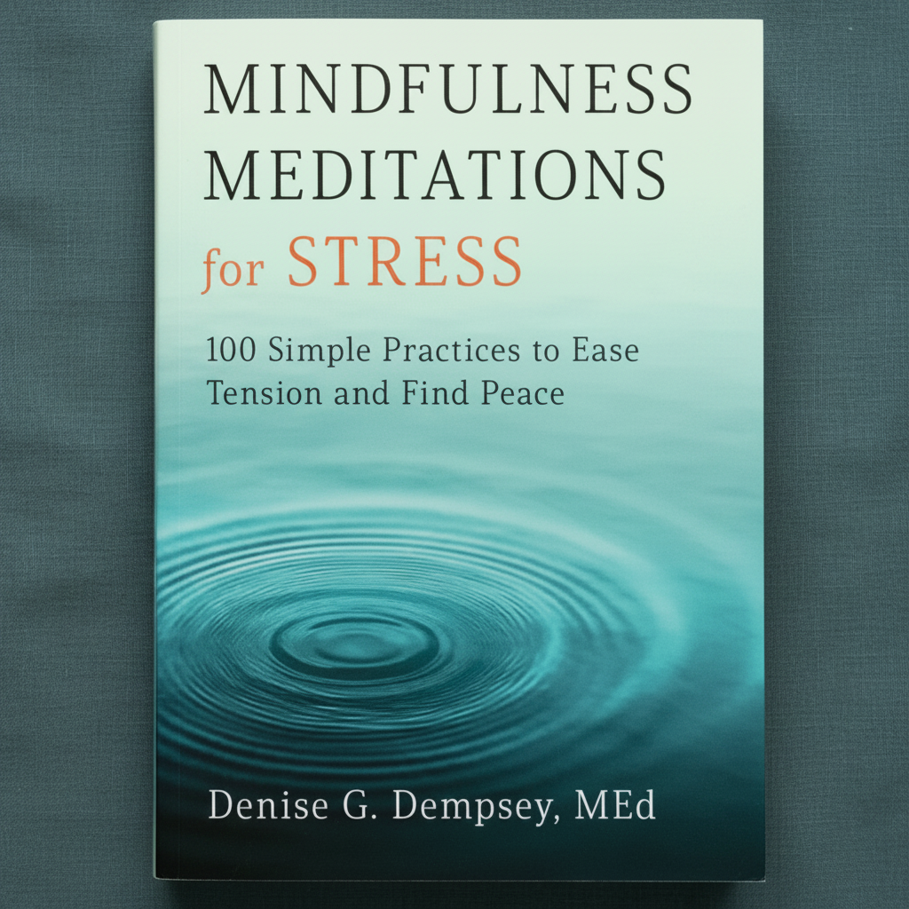 Close-up view of the Mindfulness Meditations for Stress book cover by Denise G. Dempsey featuring calming blue water imagery. — for Carpe Diem Dream