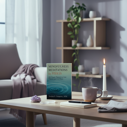Mindfulness Meditations for Stress displayed in a calming home sanctuary with candles, crystals, and soft natural light. — for Carpe Diem Dream