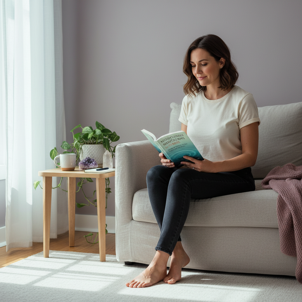 Woman reading Mindfulness Meditations for Stress while relaxing in a bright home sanctuary beside plants and calming décor. — for Carpe Diem Dream