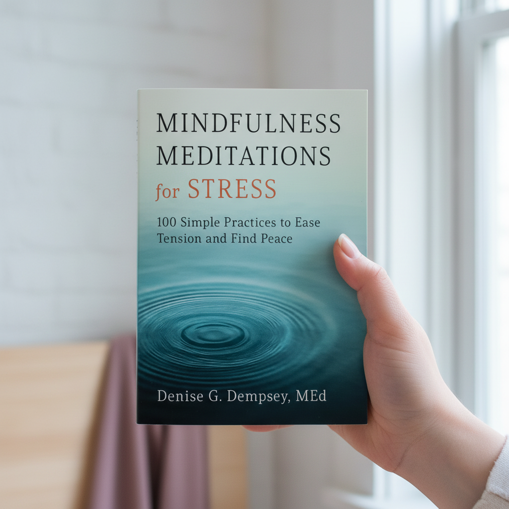 Hand holding Mindfulness Meditations for Stress book to demonstrate the paperback size and proportions. — for Carpe Diem Dream