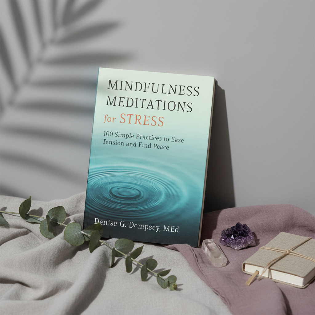 Mindfulness Meditations for Stress book displayed with crystals, eucalyptus, and mauve textiles in a calming botanical setting. — for Carpe Diem Dream