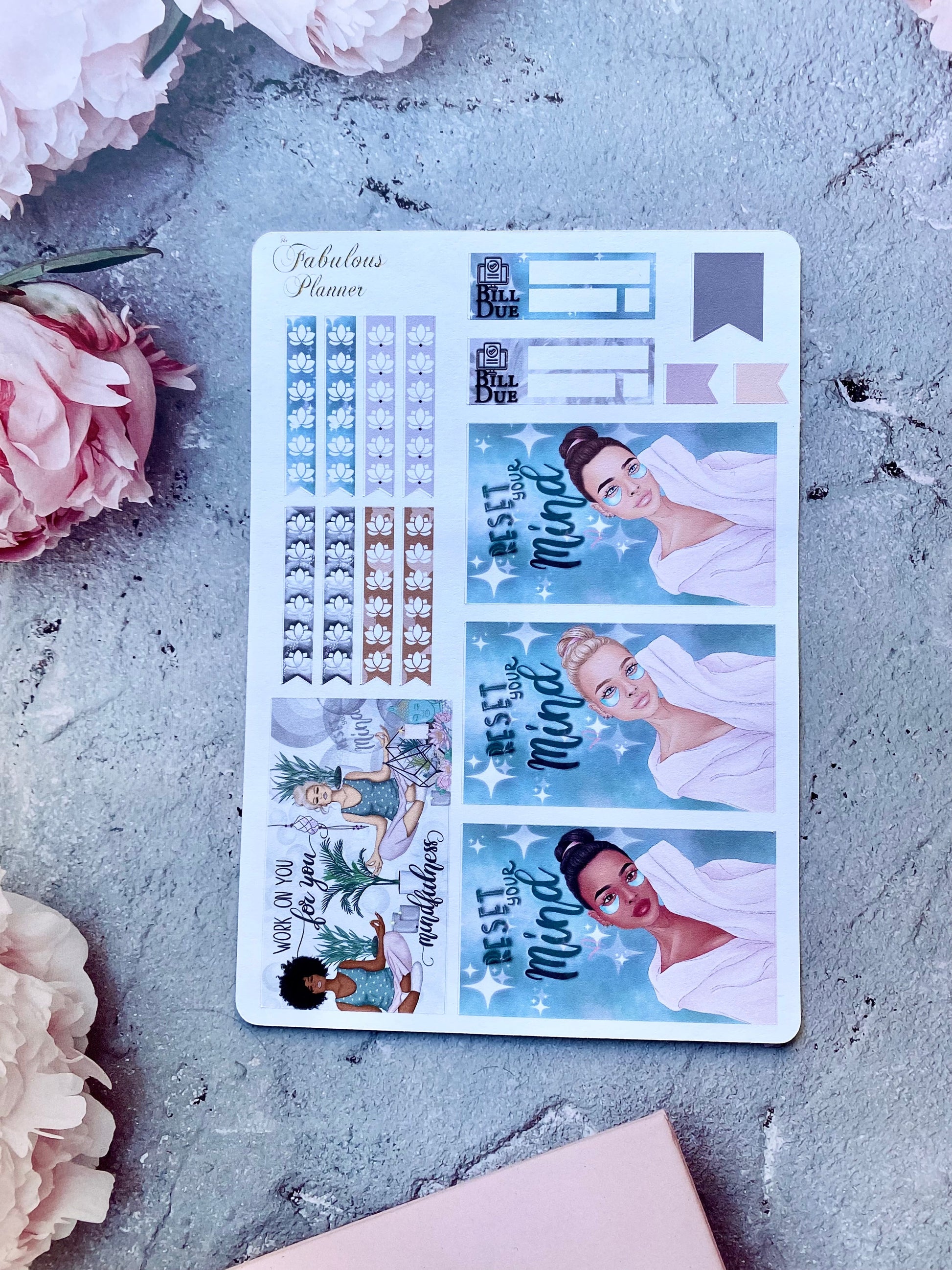 Single 4x6 mindfulness and self care planner sticker sheet featuring calming blue illustrations, checklist strips, and decorative blocks arranged on a textured surface with pink flowers — for Carpe Diem Dream