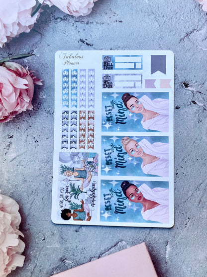 Single 4x6 mindfulness and self care planner sticker sheet featuring calming blue illustrations, checklist strips, and decorative blocks arranged on a textured surface with pink flowers — for Carpe Diem Dream