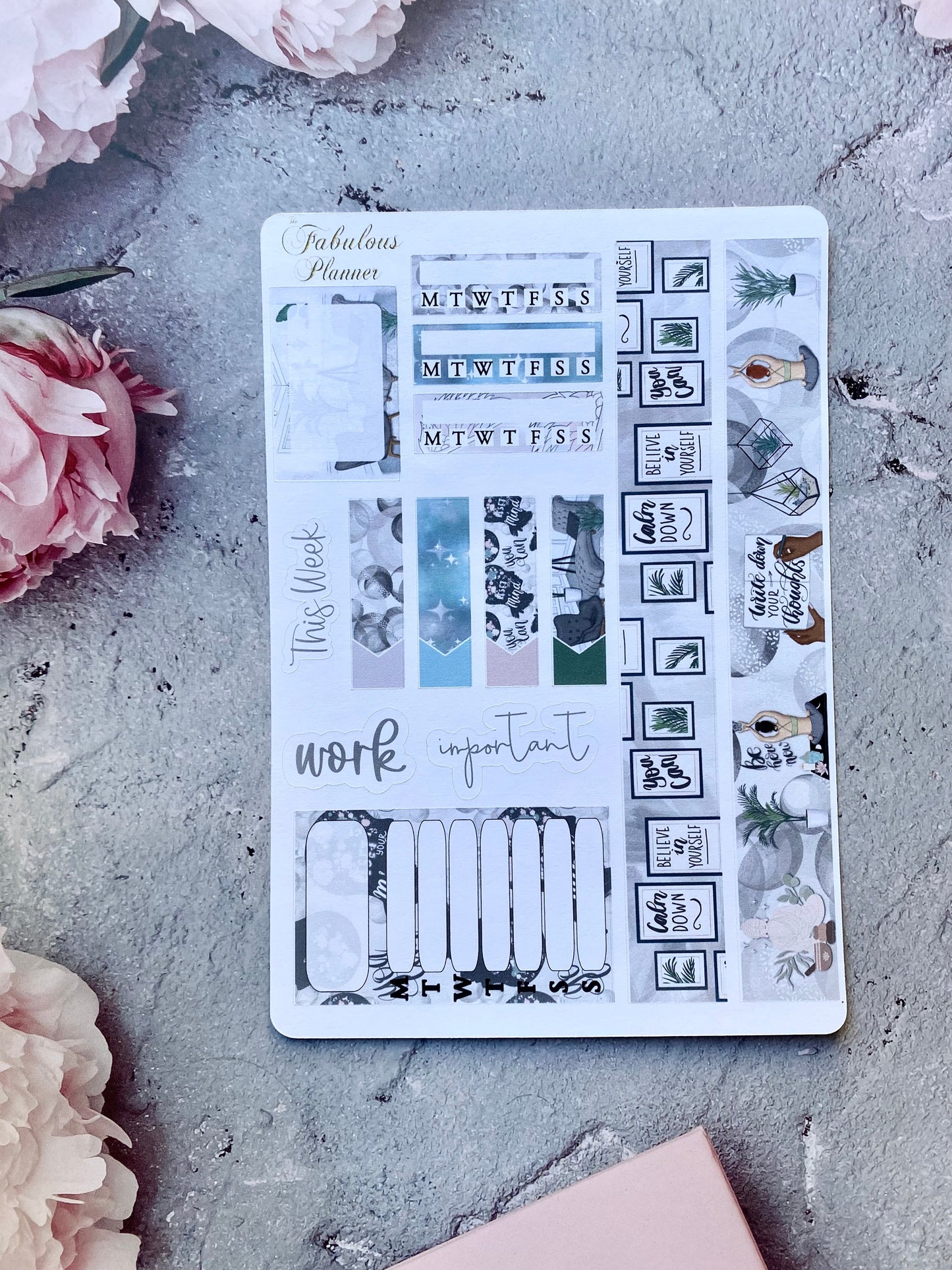 Single 4x6 mindfulness and self care planner sticker sheet featuring neutral and blue decorative blocks, weekday trackers, and journaling labels arranged on a textured surface with pink flowers — for Carpe Diem Dream