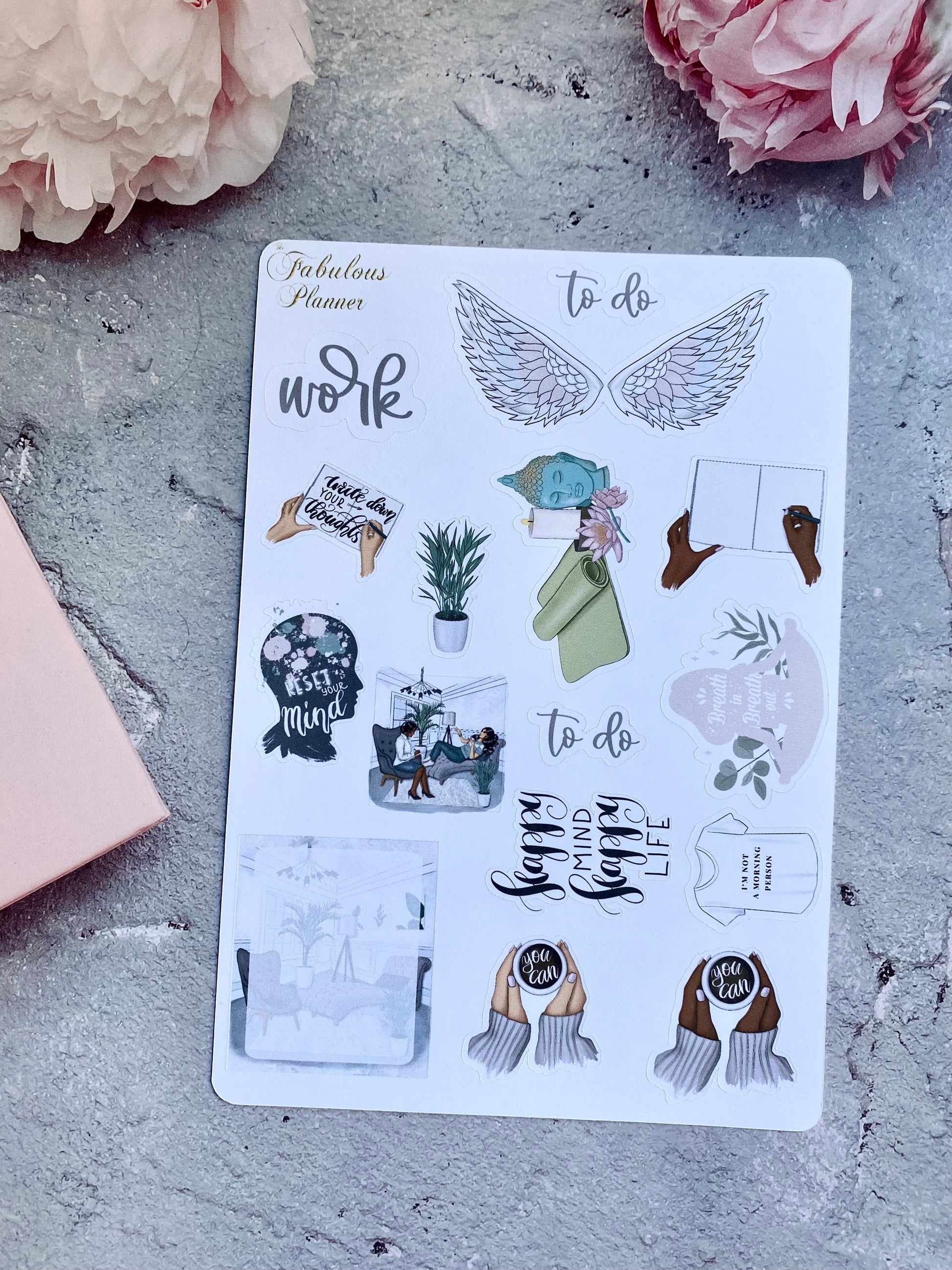 Single 4x6 mindfulness and self care planner sticker sheet featuring neutral illustrated icons, to-do labels, journaling accents, and decorative elements arranged on a textured surface with pink flowers — for Carpe Diem Dream