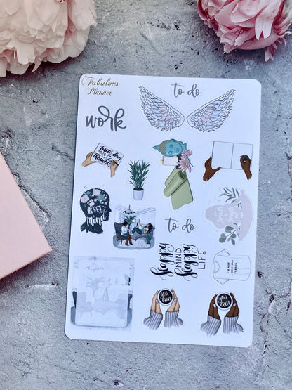 Single 4x6 mindfulness and self care planner sticker sheet featuring neutral illustrated icons, to-do labels, journaling accents, and decorative elements arranged on a textured surface with pink flowers — for Carpe Diem Dream