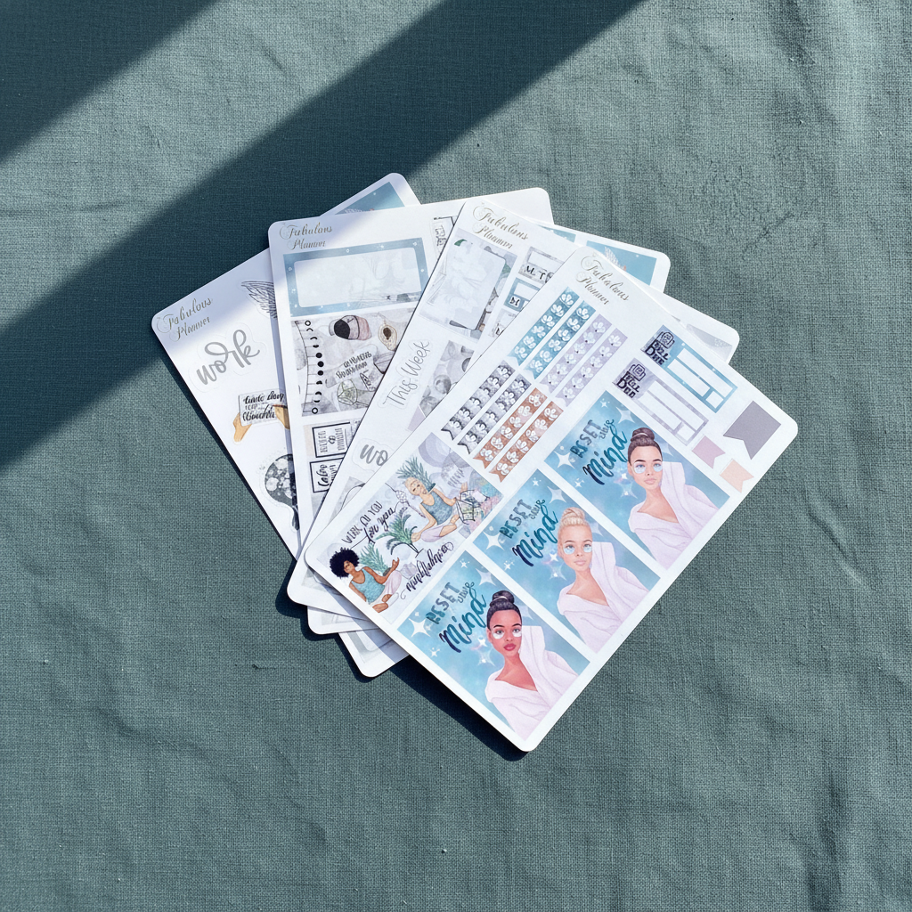 Four 4x6 mindfulness and self care planner sticker sheets fanned out on a textured teal fabric surface with soft natural light — for Carpe Diem Dream