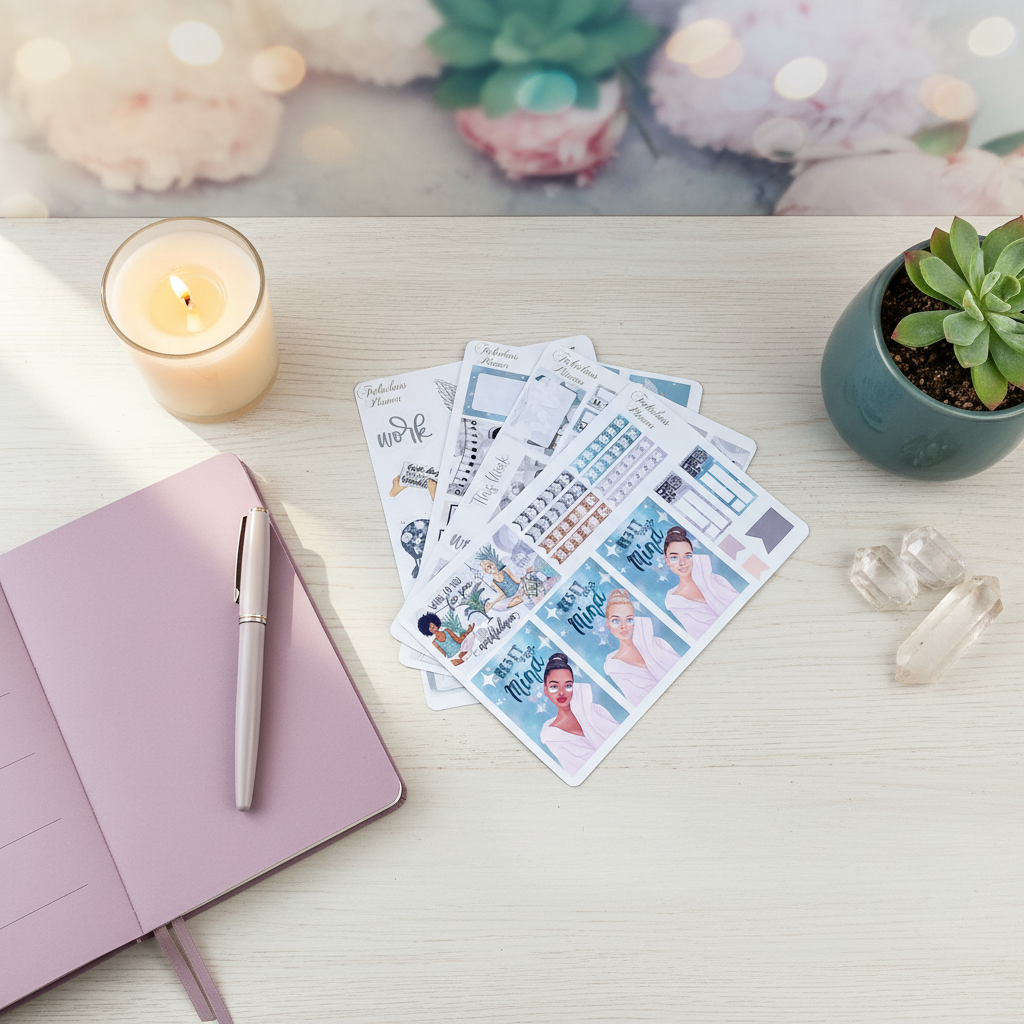 Four 4x6 mindfulness and self care planner sticker sheets arranged on a light wood desk with a lit candle, small plant, notebook, and clear quartz stones — for Carpe Diem Dream