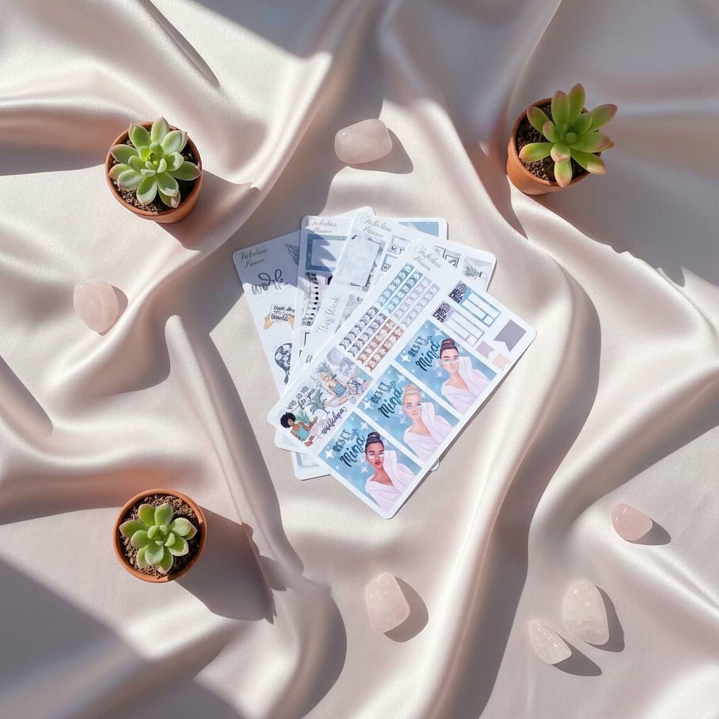 Four 4x6 mindfulness and self care planner sticker sheets arranged on soft satin fabric with small succulents and rose quartz stones in natural light. — for Carpe Diem Dream