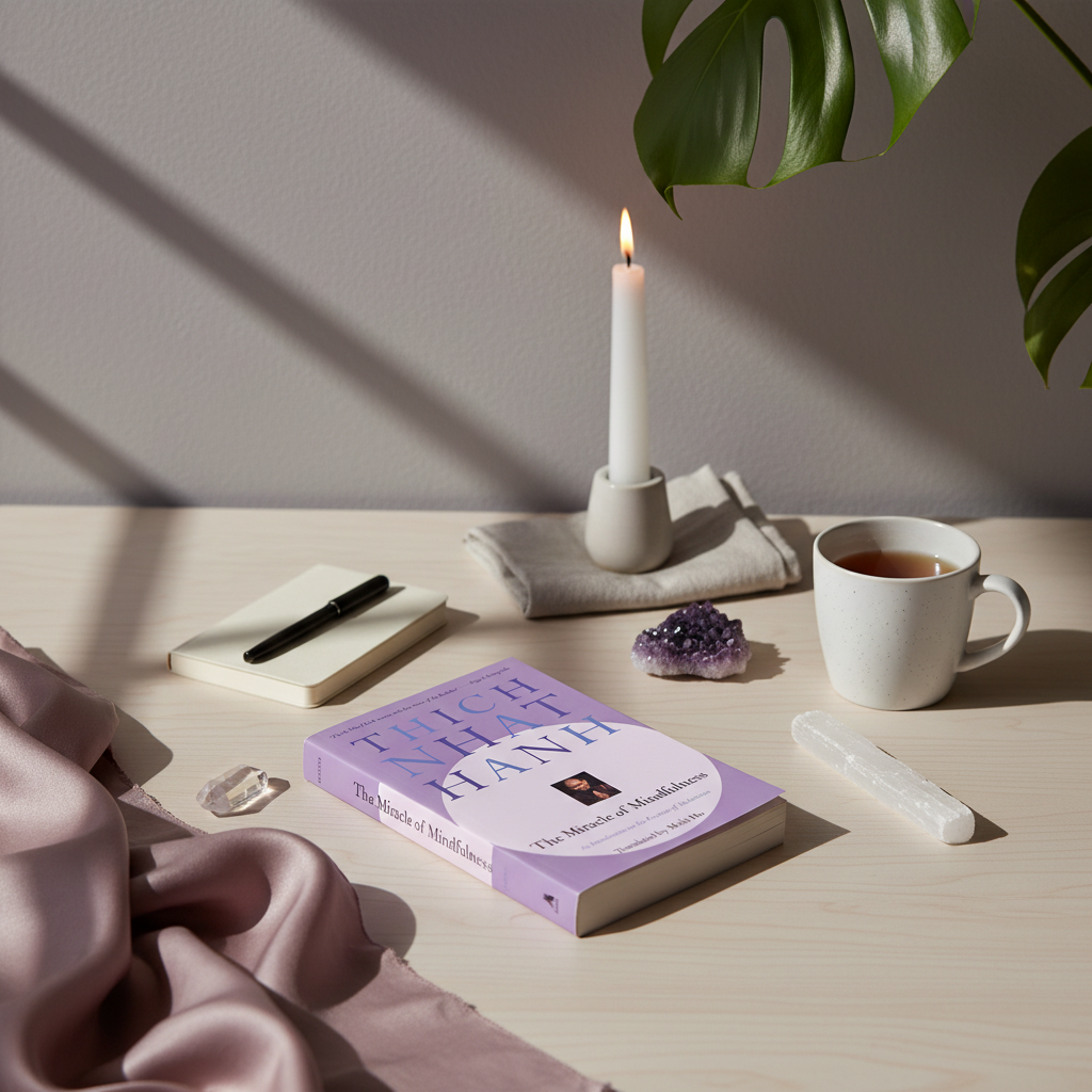 The Miracle of Mindfulness paperback book by Thich Nhat Hanh displayed beside a journal, tea cup, crystals, and candle in a mindful home setting. — for Carpe Diem Dream