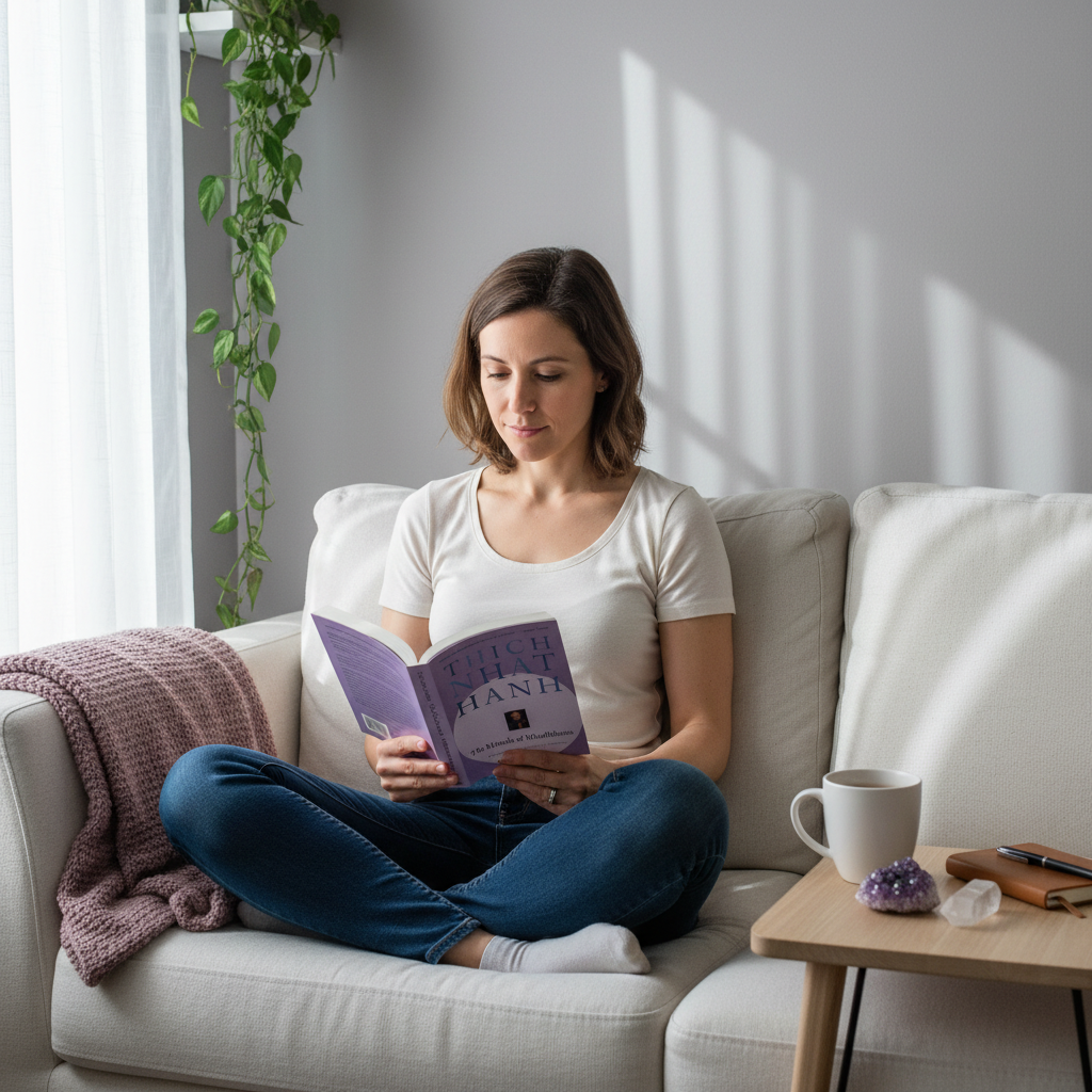 Woman reading The Miracle of Mindfulness paperback book by Thich Nhat Hanh in a peaceful living room setting with natural light. — for Carpe Diem Dream