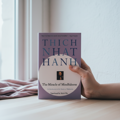 Hand holding The Miracle of Mindfulness paperback book by Thich Nhat Hanh to demonstrate the book's compact size and scale. — for Carpe Diem Dream