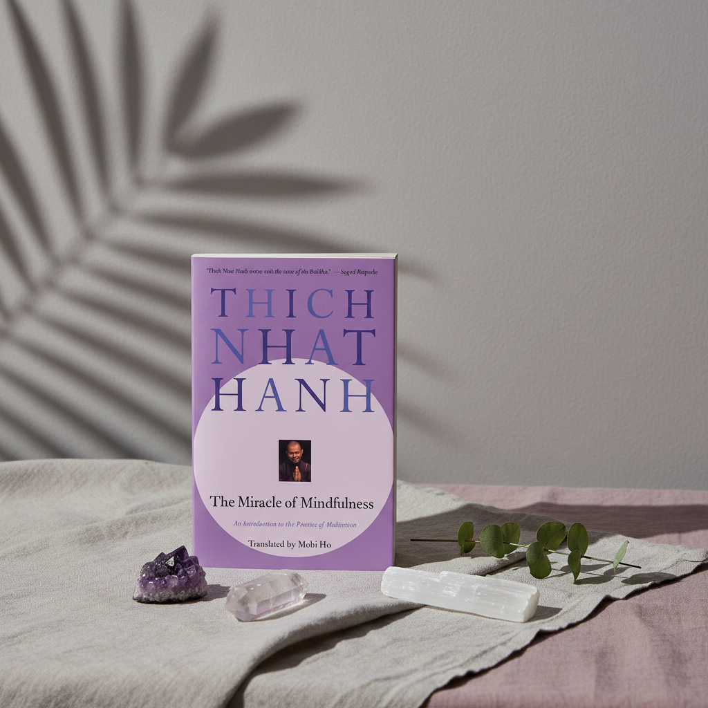 The Miracle of Mindfulness paperback book by Thich Nhat Hanh displayed with amethyst, selenite, and botanical shadows in a calm studio setting. — for Carpe Diem Dream