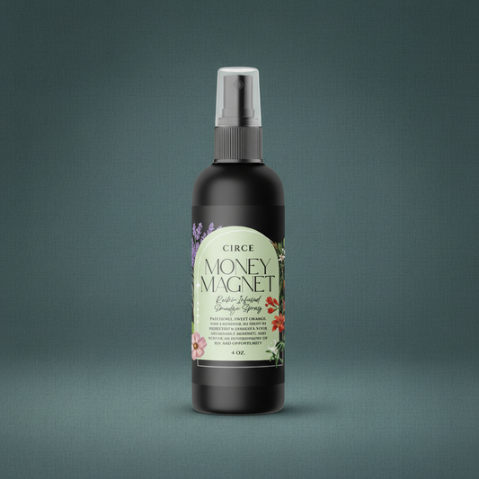 Money Magnet Smudge Spray bottle with green label displayed upright on a muted teal linen background with soft natural lighting. — for Carpe Diem Dream