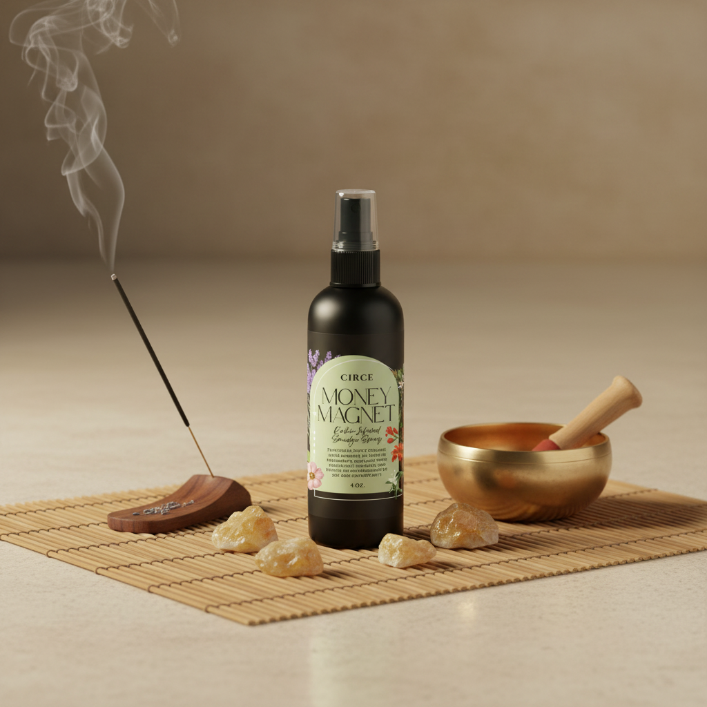 Money Magnet Smudge Spray bottle displayed with burning incense, singing bowl, citrine crystals, and a bamboo mat in a calm meditation ritual setting. — for Carpe Diem Dream