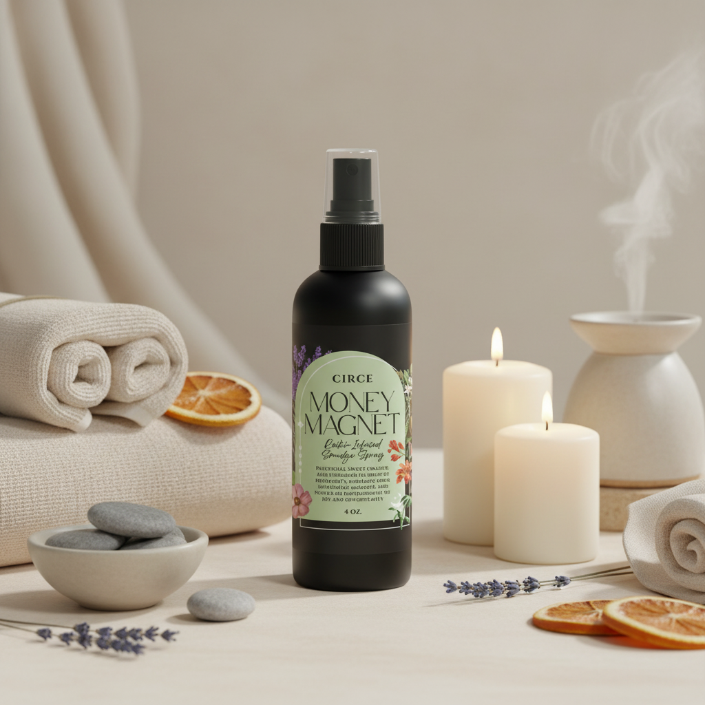 Money Magnet Smudge Spray bottle displayed with rolled spa towels, candles, citrus slices, lavender sprigs, and a steaming diffuser in a calming wellness setting. — for Carpe Diem Dream