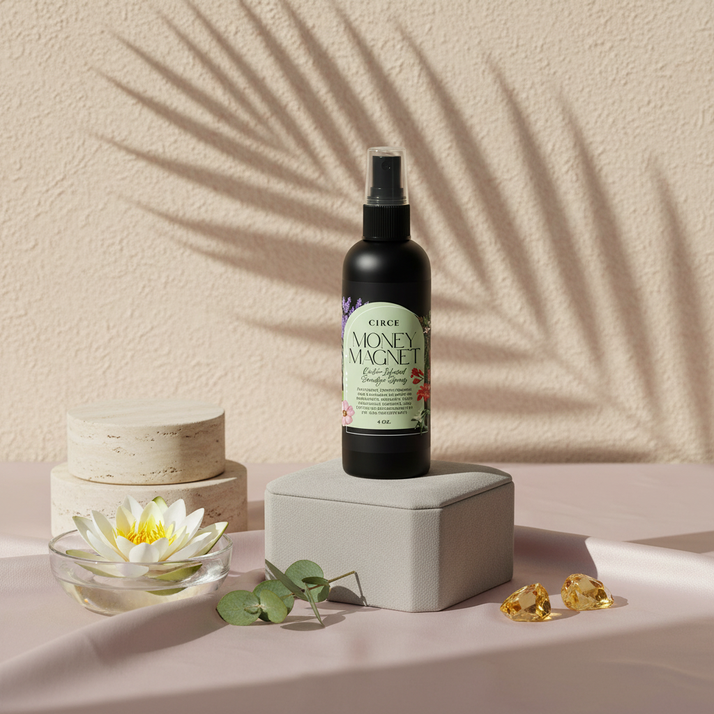 Money Magnet Smudge Spray bottle displayed on neutral stone risers with lotus flower, eucalyptus leaves, and soft botanical shadows on a textured wall. — for Carpe Diem Dream