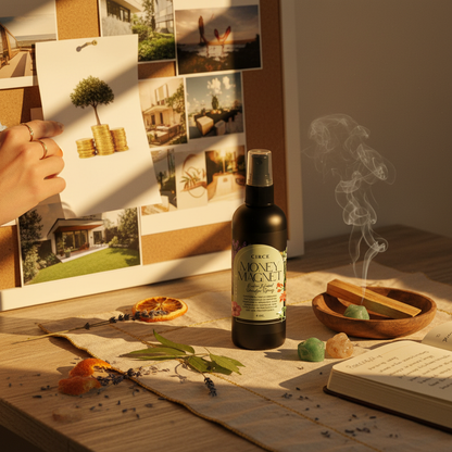 Money Magnet Smudge Spray bottle displayed on a desk beside a vision board with prosperity images, incense smoke, crystals, and a journal in a manifestation workspace. — for Carpe Diem Dream