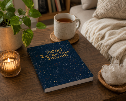 Moon Intention Journal styled within a calm home sanctuary featuring soft textures and intentional décor for moon rituals, reflection, and manifestation practices. — for Carpe Diem Dream
