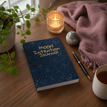 Moon Intention Journal displayed in a peaceful journaling space with tea and intentional living elements for moon rituals, reflection, and manifestation practice. — for Carpe Diem Dream