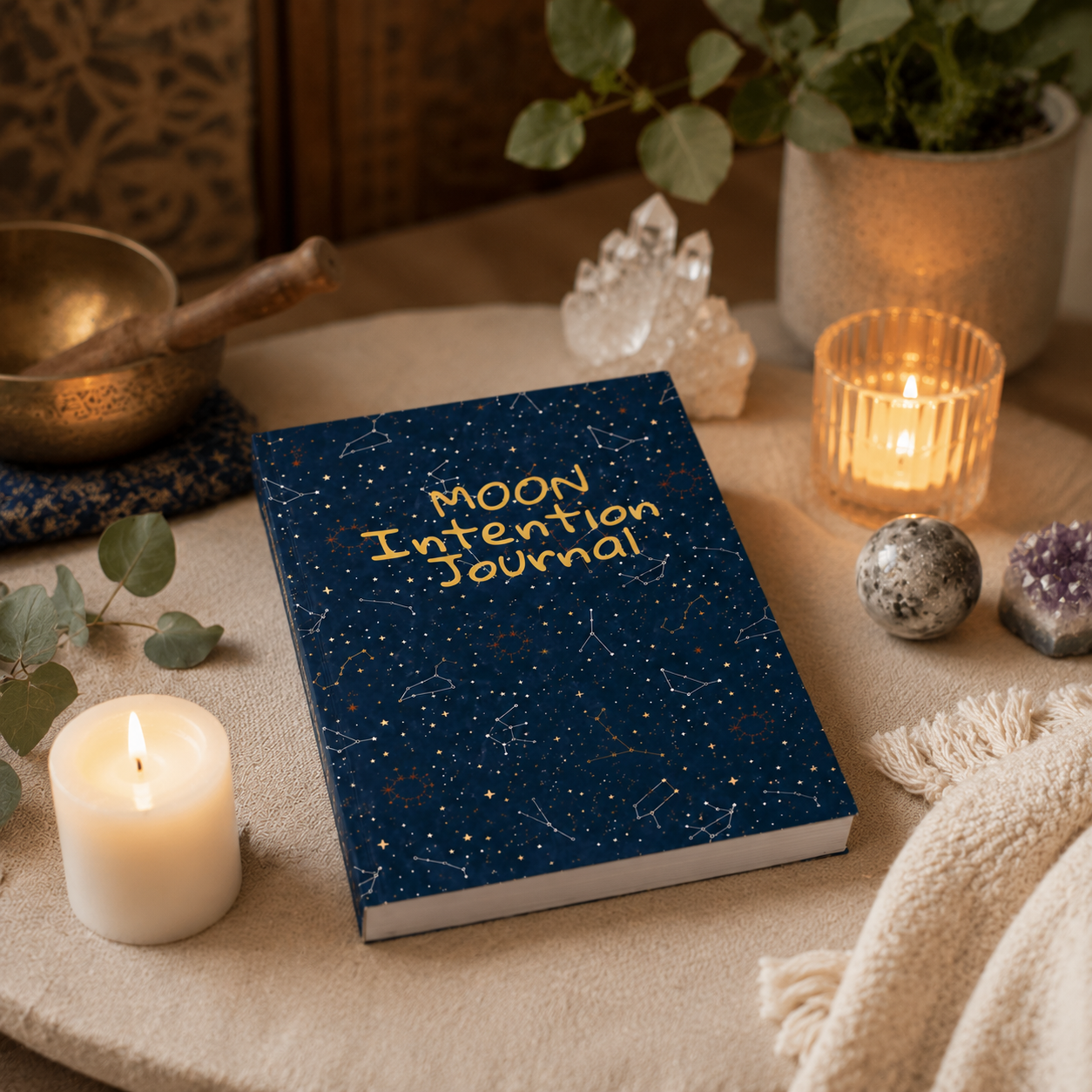 Moon Intention Journal displayed in a peaceful meditation space with crystals, candles, and mindful living elements for lunar reflection and intention-setting rituals. — for Carpe Diem Dream