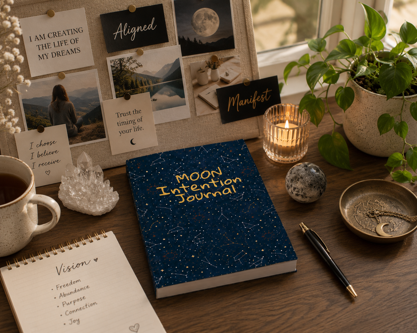 Moon Intention Journal displayed within a peaceful personal sanctuary designed for reflection, intention setting, and moon-inspired manifestation practices. — for Carpe Diem Dream