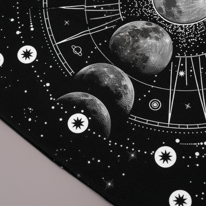 Close-up of moon phase altar cloth showing detailed lunar cycle and celestial symbols on black fabric. — for Carpe Diem Dream