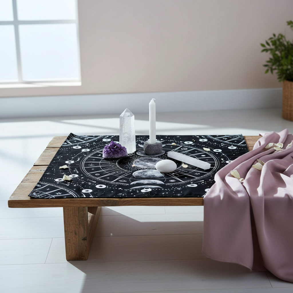 Moon phase altar cloth styled on a low wooden table with crystals, candle, and draped fabric in a softly lit, serene home setting. — for Carpe Diem Dream