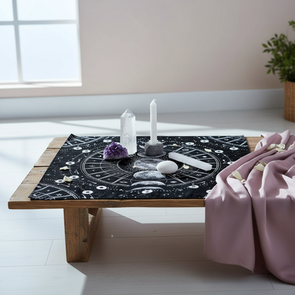 Moon phase altar cloth styled on a low wooden table with crystals, candle, and draped fabric in a softly lit, serene home setting. — for Carpe Diem Dream