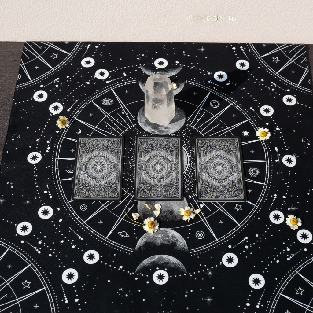 Moon phase altar cloth used for a tarot spread with three cards, crystal, and floral accents arranged for a reading ritual. — for Carpe Diem Dream