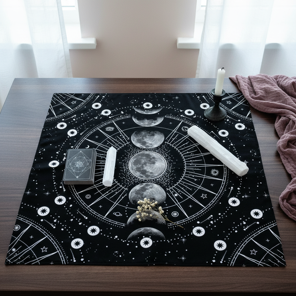 Moon phase altar cloth displayed on a wooden table with tarot deck, selenite wands, and candle in a serene ritual setting. — for Carpe Diem Dream
