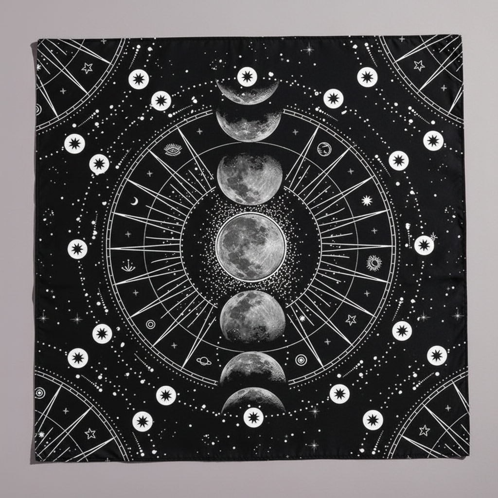 Moon phase altar cloth featuring a detailed lunar cycle design on a black fabric background with celestial symbols. — for Carpe Diem Dream
