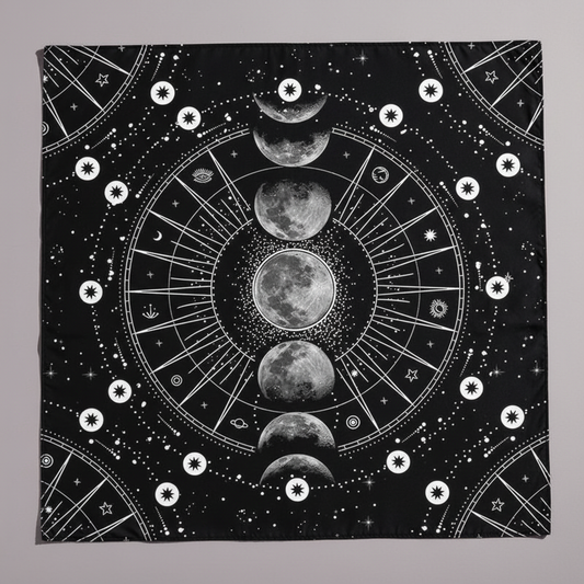 Moon phase altar cloth featuring a detailed lunar cycle design on a black fabric background with celestial symbols. — for Carpe Diem Dream