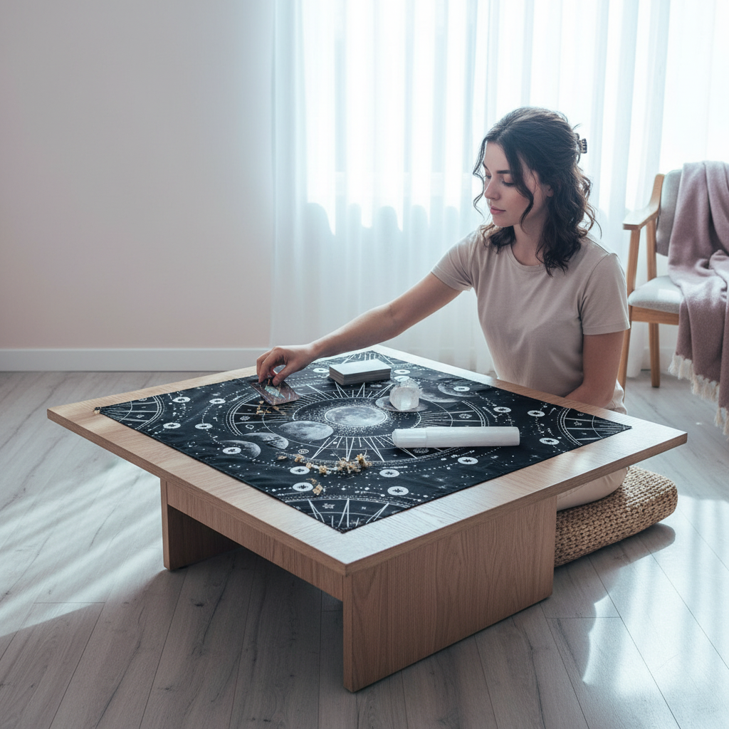 Woman using a moon phase altar cloth for a tarot or meditation ritual at a low wooden table in a calm, softly lit space. — for Carpe Diem Dream