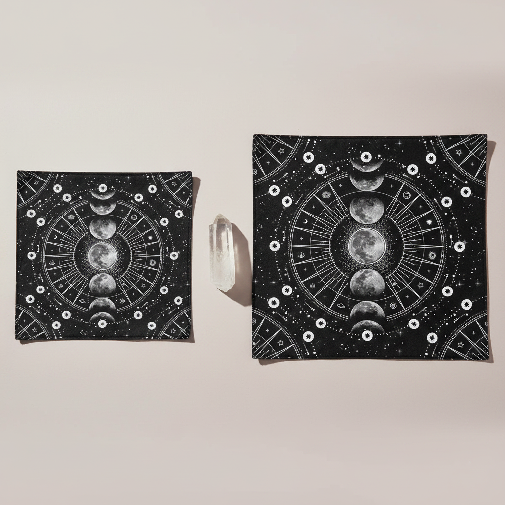 Two moon phase altar cloth sizes displayed side by side with crystal for scale comparison on a neutral background. — for Carpe Diem Dream