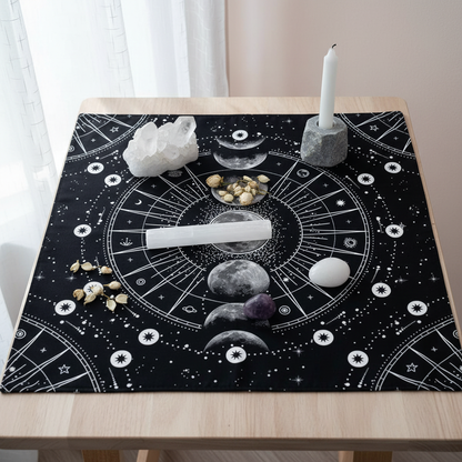 Moon phase altar cloth styled with crystals, selenite wand, candle, and natural elements on a wooden table in a calm spa-like setting. — for Carpe Diem Dream
