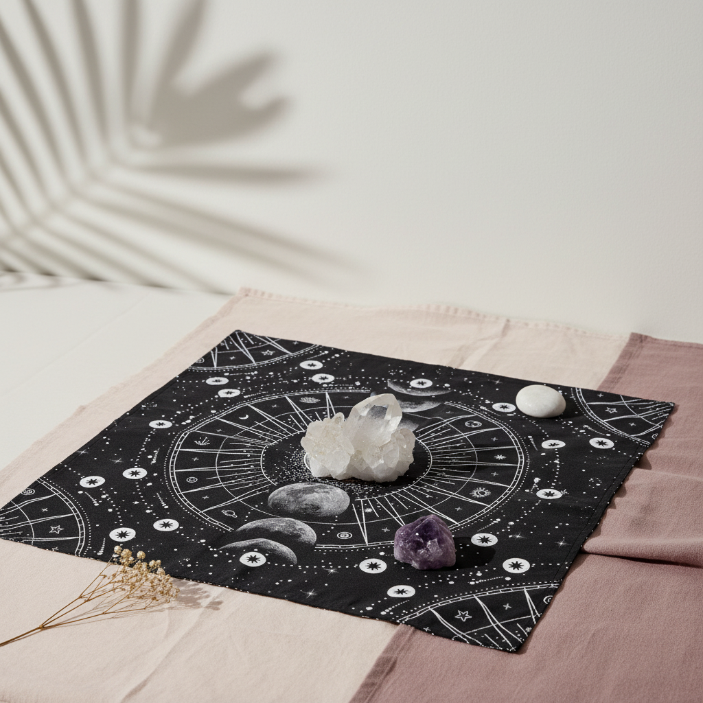Moon phase altar cloth displayed with crystals on a soft neutral fabric surface with botanical shadow and natural light. — for Carpe Diem Dream