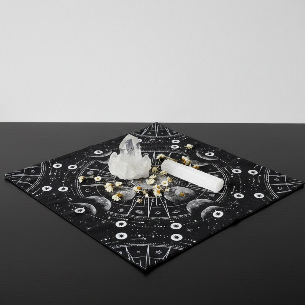 Moon phase altar cloth arranged with crystals and selenite wand on a dark minimal surface in a clean studio setting. — for Carpe Diem Dream