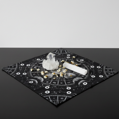 Moon phase altar cloth arranged with crystals and selenite wand on a dark minimal surface in a clean studio setting. — for Carpe Diem Dream