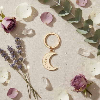 Flatlay of the Moon Phase Celestial Keychain featuring a gold-tone enameled crescent moon charm with lunar phase design, surrounded by lavender, rose petals, eucalyptus, and clear quartz crystals on a soft neutral fabric background, styled for Carpe Diem Dream.