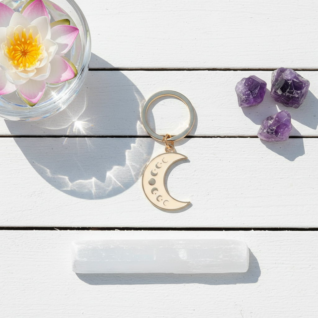 Moon Phase Celestial Keychain styled in a serene outdoor flatlay on a white wooden deck beside a crystal bowl with a lotus flower, selenite wand, and amethyst crystals, captured in natural sunlight for Carpe Diem Dream.