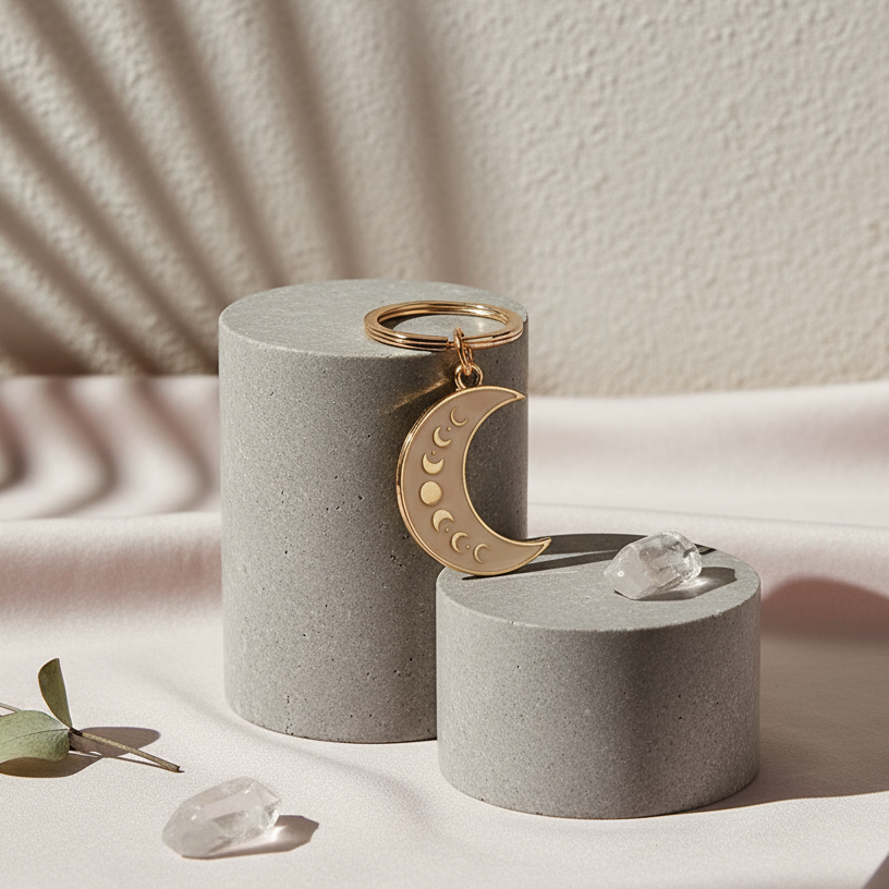 Moon Phase Celestial Keychain with gold crescent moon and phases displayed on gray travertine cylinders over blush silk fabric, styled in natural light by Carpe Diem Dream.